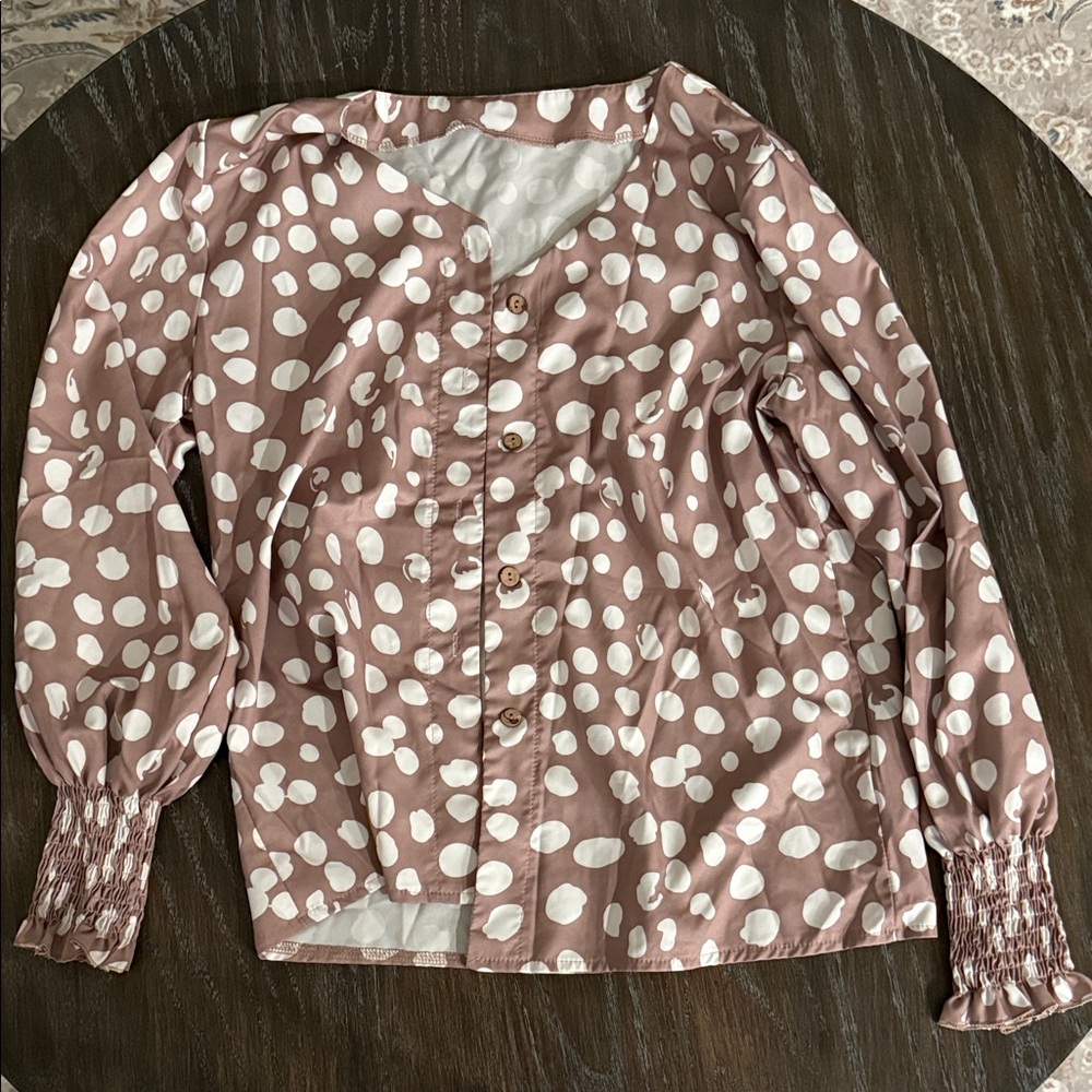 Polka Dot Button-Front Blouse in Dusty Rose & White